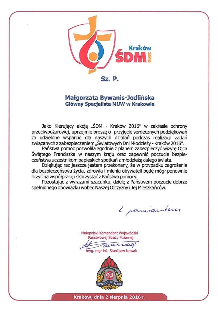 ŚDM 2016 - Podziękowania Wojewody