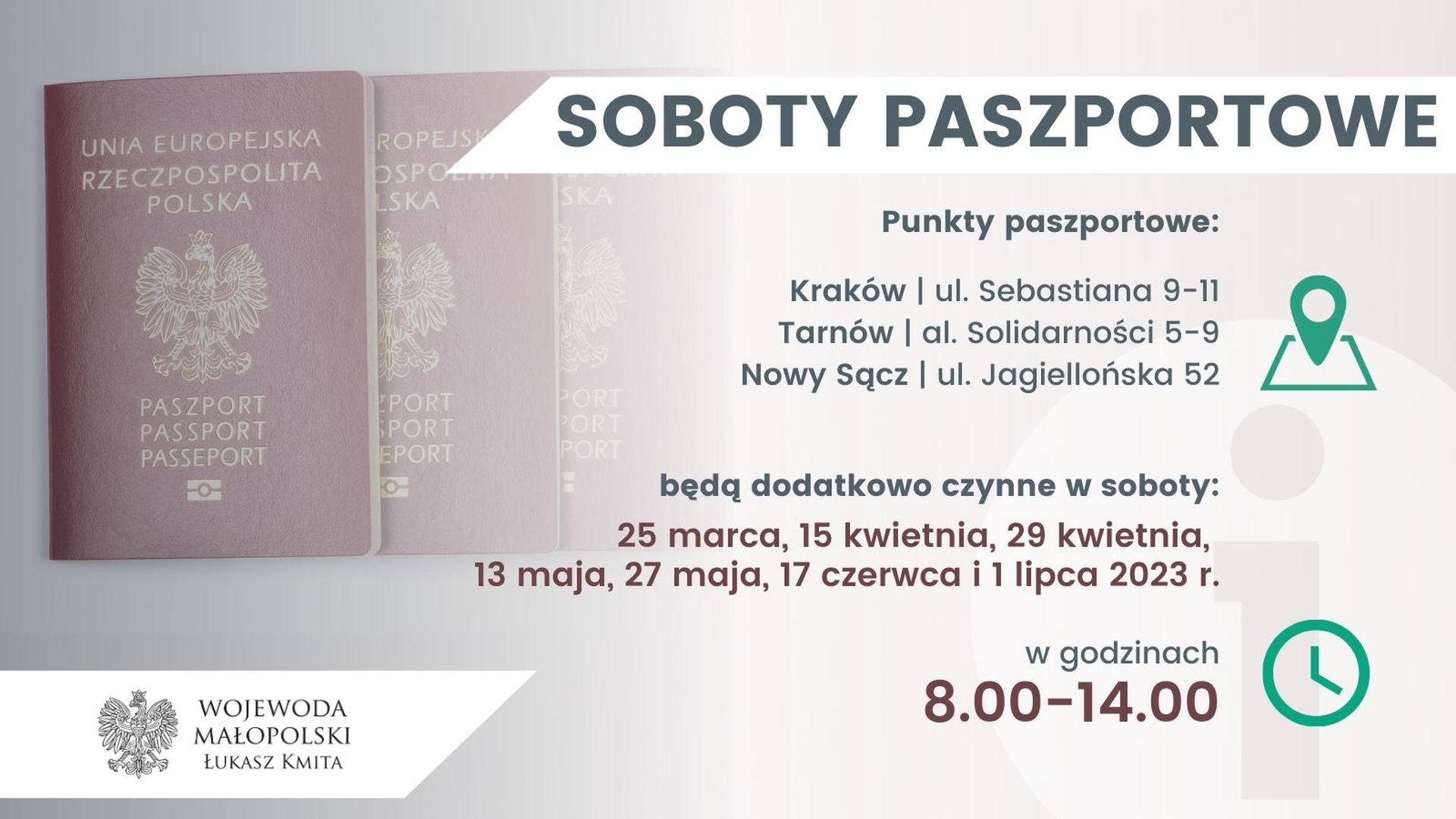 Grafika dotycząca sobót paszportowych, które będą się odbywały w Małopolsce